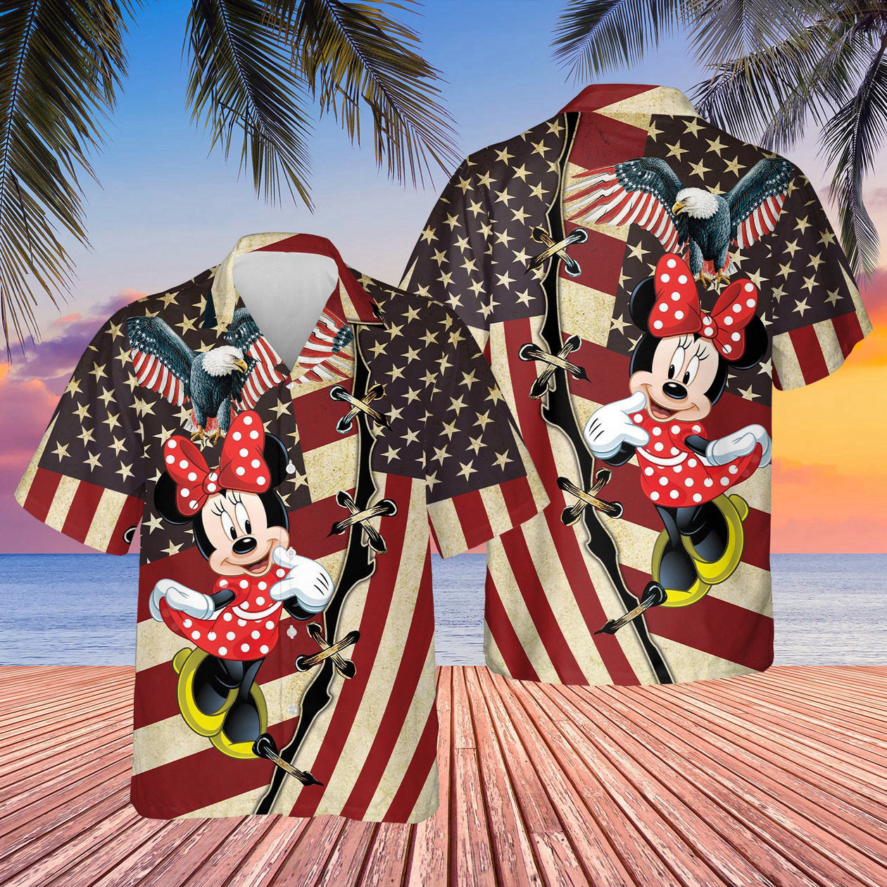 Minnie American Flag Pattern 3D Hawaiian Shirt Hot Summer 2023