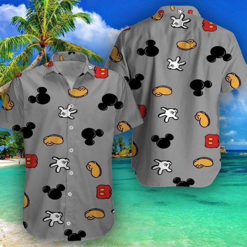 Disney Mickey Mouse Floral Aloha Hawaiian Shirt Grey Style 012