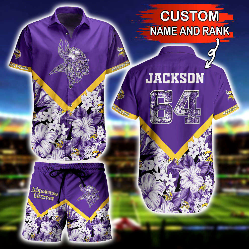 Personalized And Number Minnesota Vikings And Floral Hawaiian Shirt
