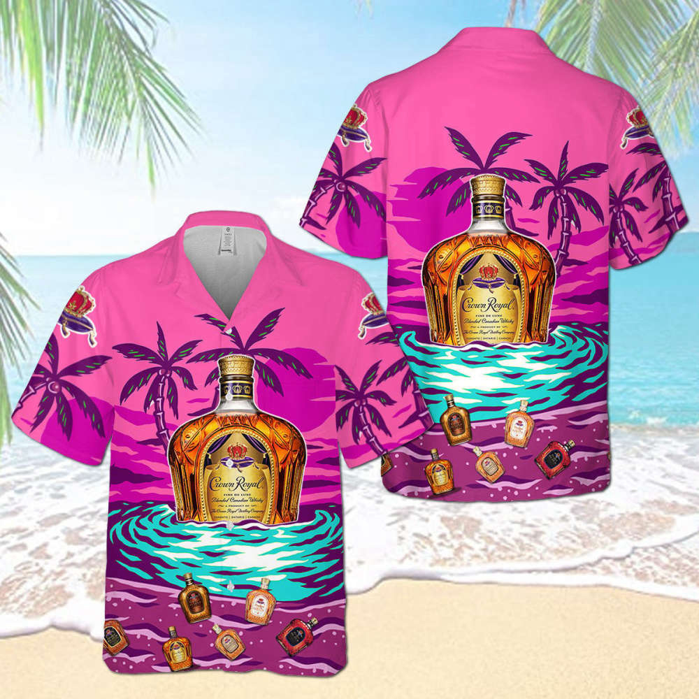 Crown Royal On The Sand Palm Tree Hawaiian Shirt Pink Coconuts
