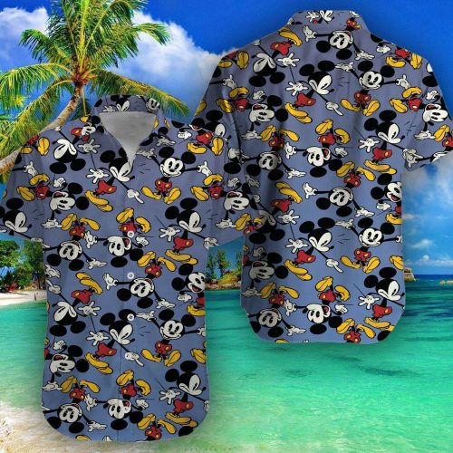 Disney Mickey Mouse Floral Aloha Hawaiian Shirt Dark Grey 023