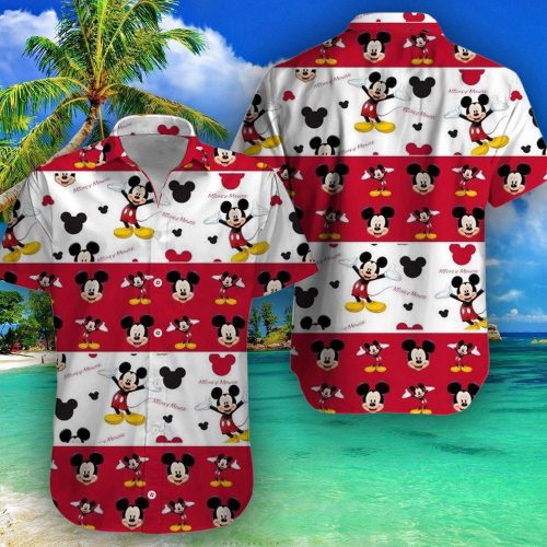 Disney Mickey Mouse Floral Aloha Hawaiian Shirt RED Summer 01
