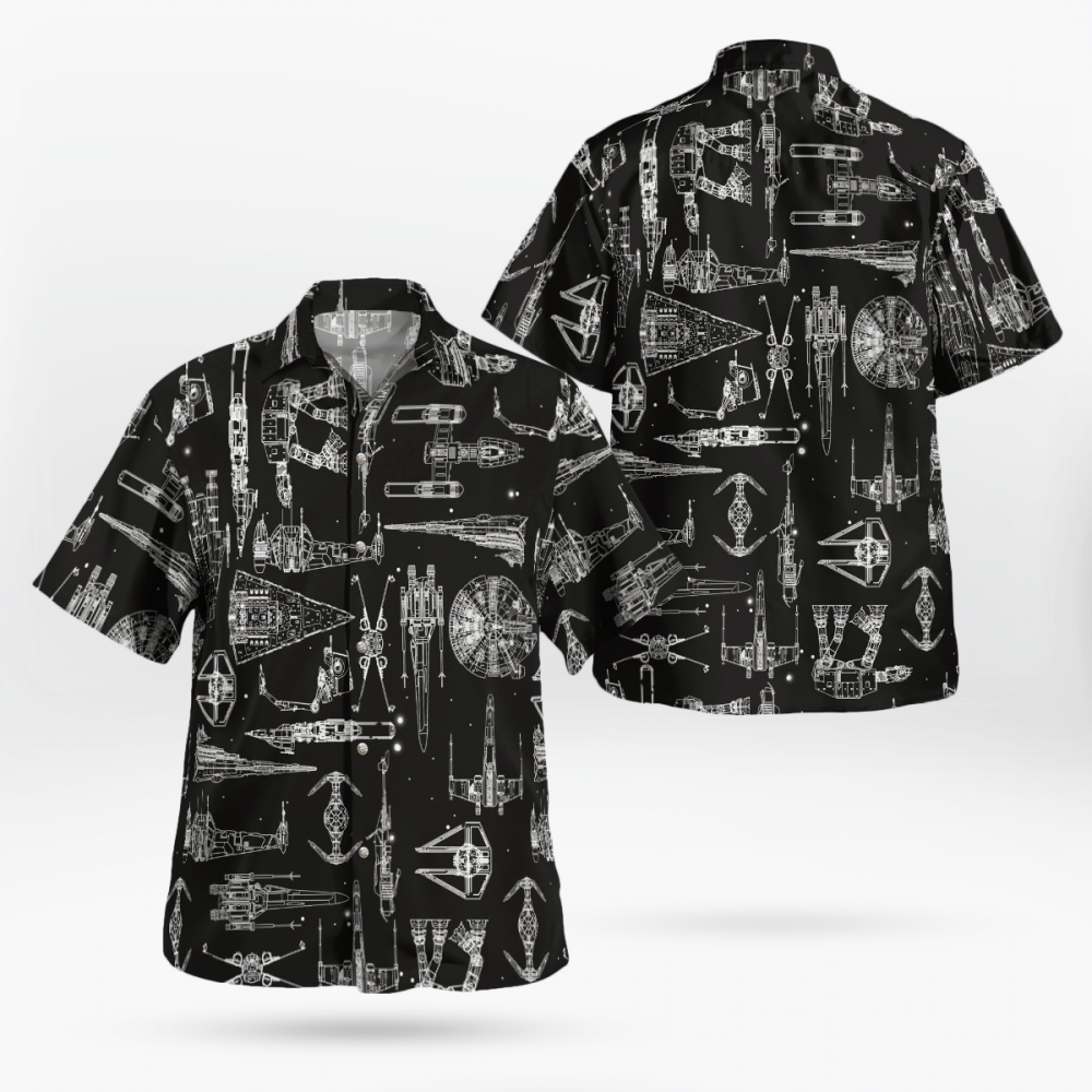 Space Ship Pattern Hawaiian Shirt Shorts Black Summer 2023 Hot