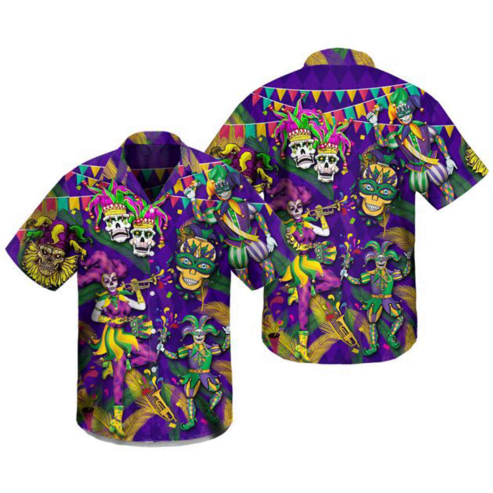 Clown Skull Happy Mardi Gras Pattern On Purple Hawaii Shirt