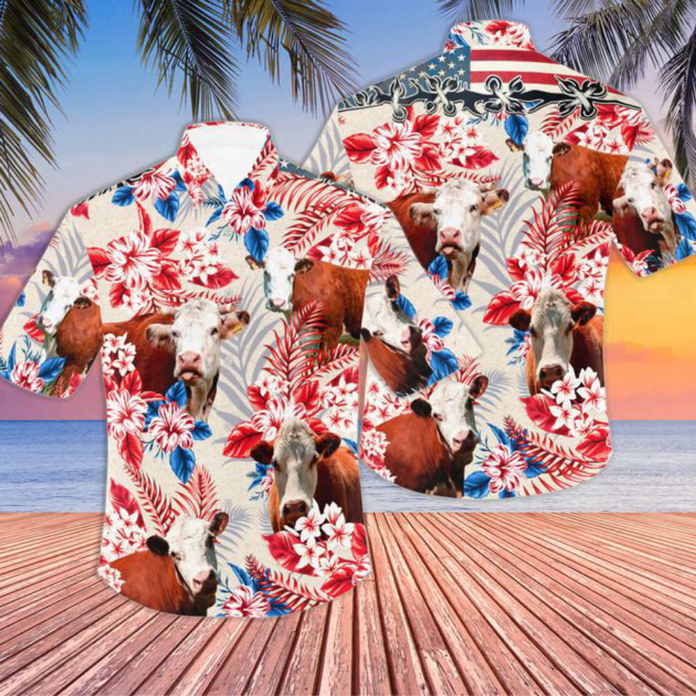 Hereford Cow American Flag Floral Tropical Hawaiian Shirt Summer Trending