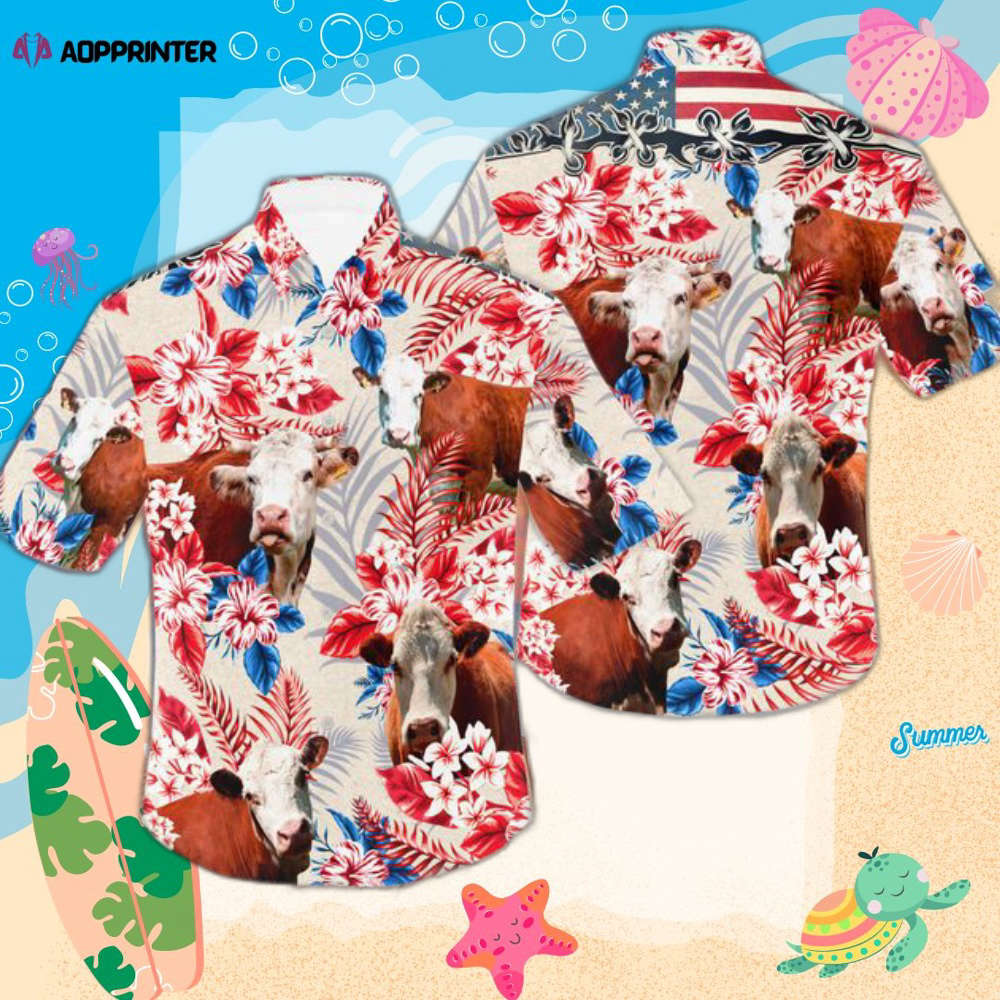 Hereford Cow American Flag Floral Tropical Hawaiian Shirt Summer Trending