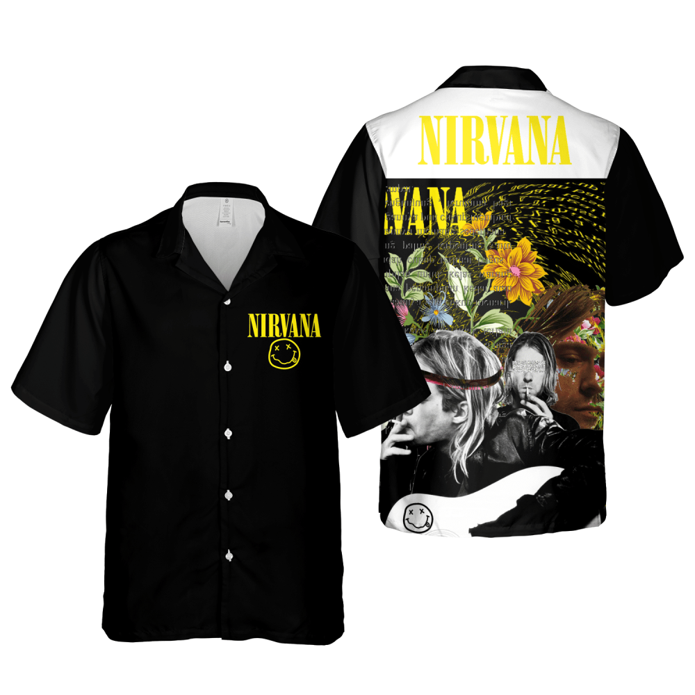 Nirvana Merch Kurt Cobain And Flowers Art Cuban Shirt Premium Unique Hawaiian Shirt