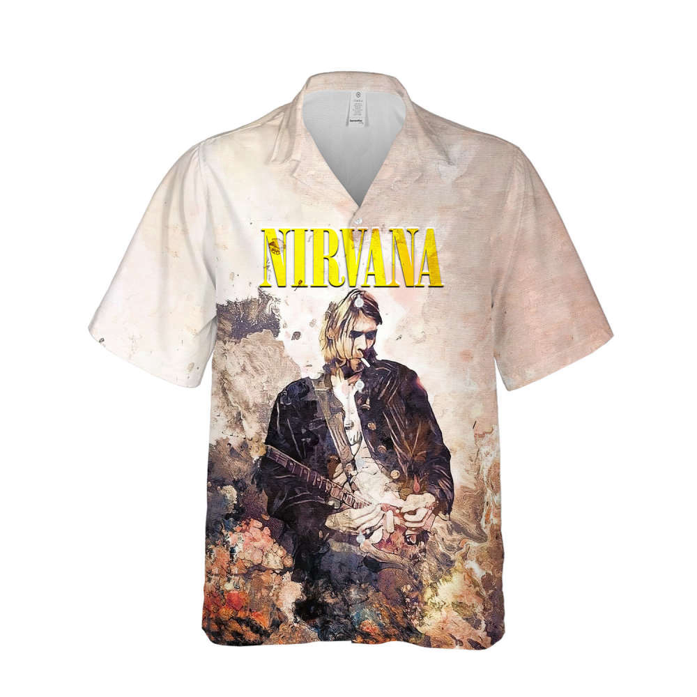 Nirvana Merch Kurt Cobain With Guitar Art Cuban Shirt Premium Unique Hawaiian Shirt