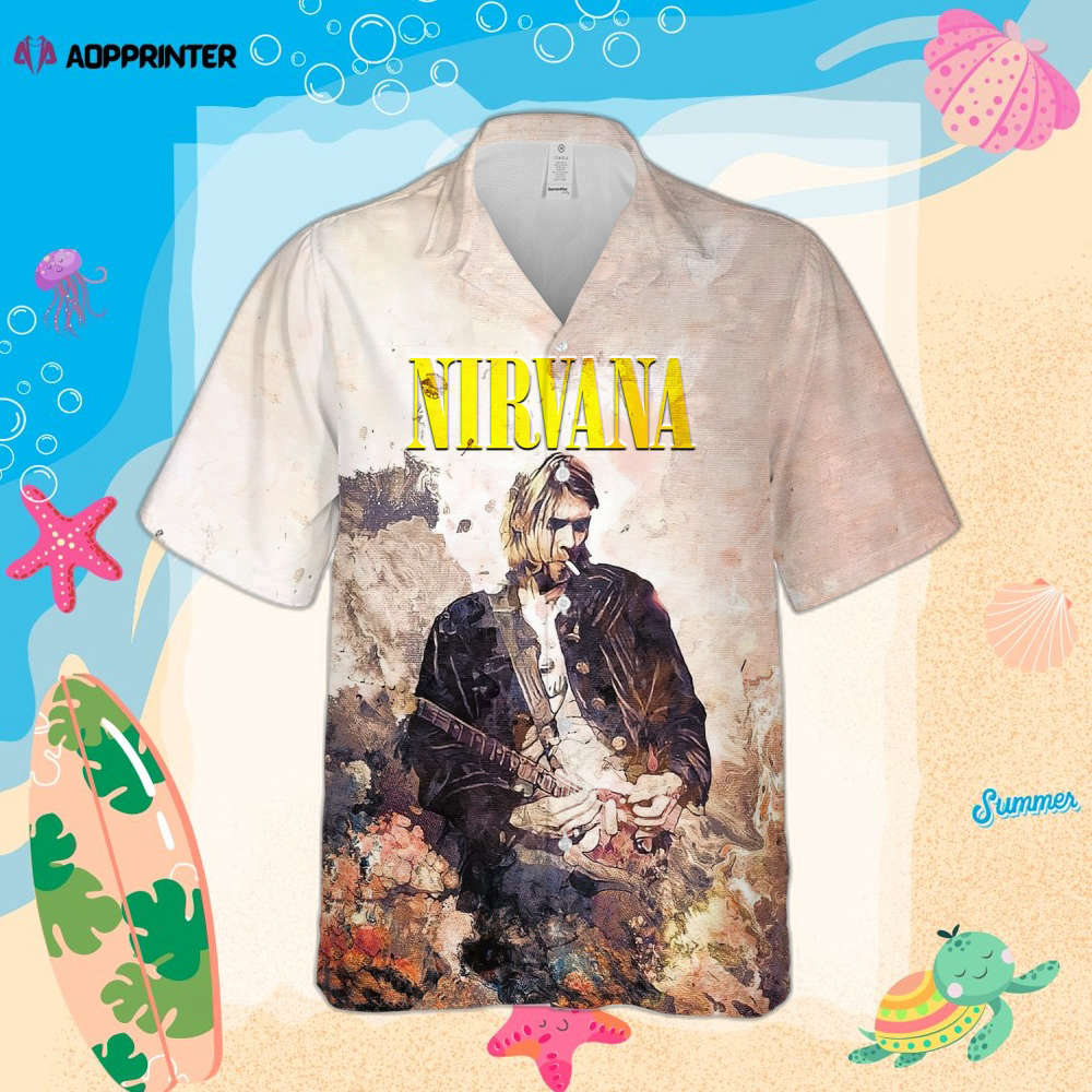 Nirvana Merch Kurt Cobain With Guitar Art Cuban Shirt Premium Unique Hawaiian Shirt