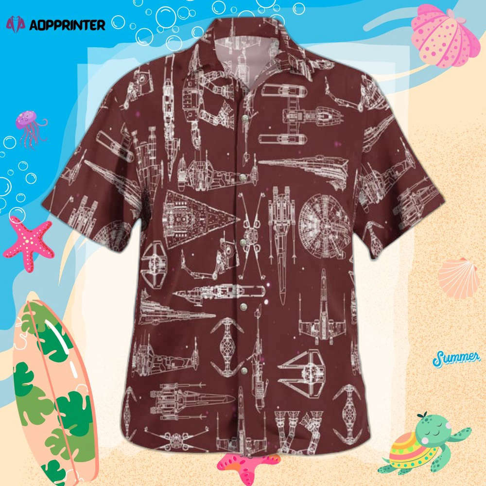 Space Ship Pattern Hawaiian Shirt Shorts Brown Summer 2023 Hot