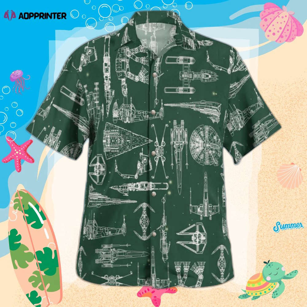 Space Ship Pattern Hawaiian Shirt Shorts Green Summer 2023 Hot