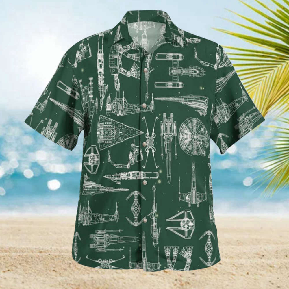 Space Ship Pattern Hawaiian Shirt Shorts Green Summer 2023 Hot