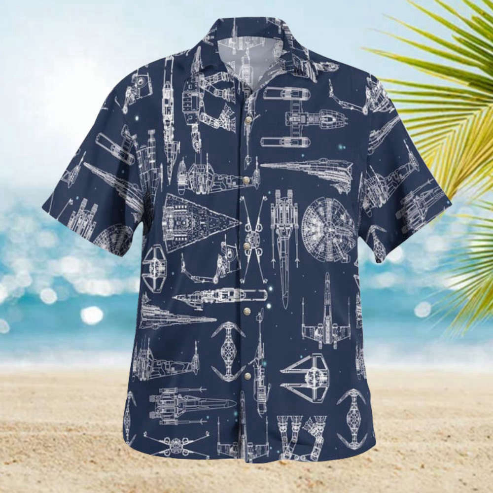 Space Ship Pattern Hawaiian Shirt Shorts Navy Summer 2023 Hot