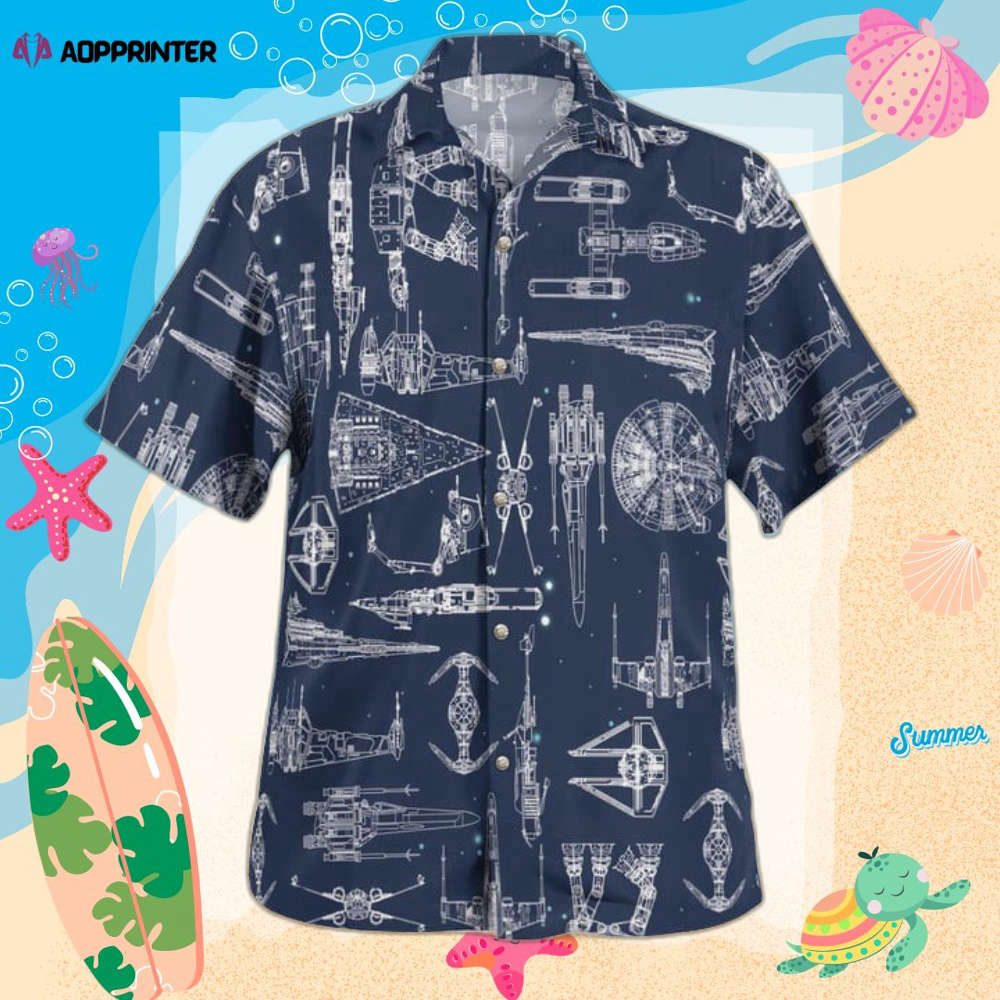 Space Ship Pattern Hawaiian Shirt Shorts Navy Summer 2023 Hot