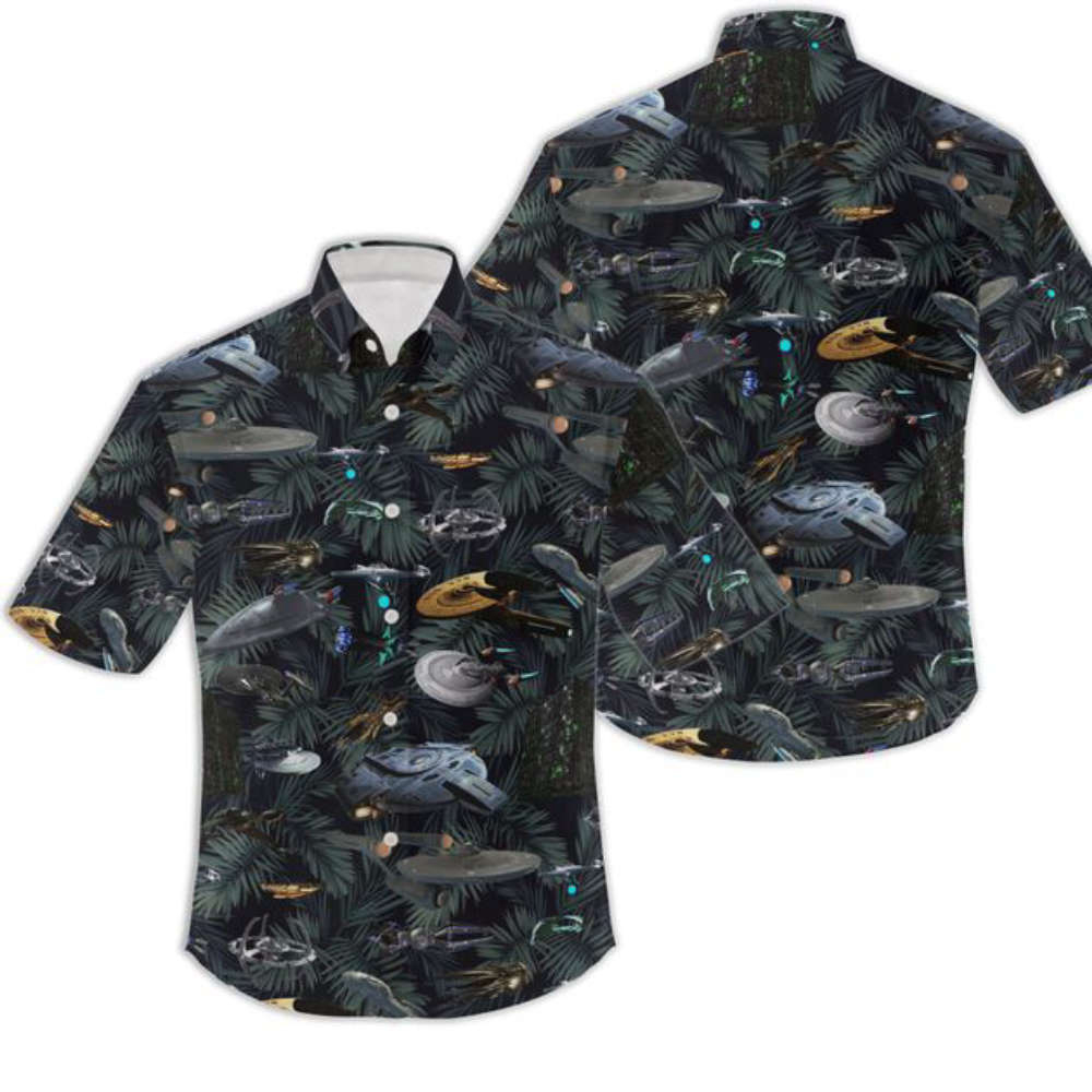 Set Trek Hawaiian Shirt And Men Shorts, Trek Starships Beach Button Shirt