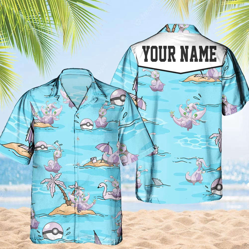 Custom Pokemon Goomy Hawaiian Pattern Hawaii Shirt Aloha Anime Sliggoo Button Up Shirt  Gifts For Pokemon Ball Fans