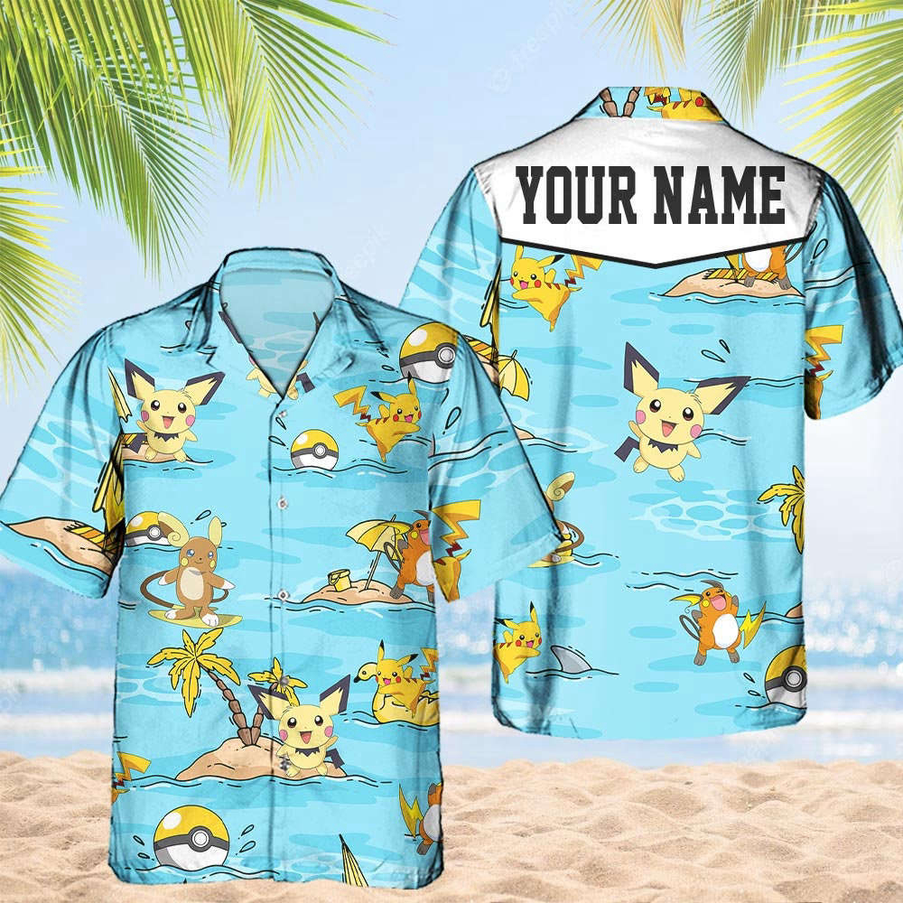 Custom Pokemon Pikachu Hawaiian Pattern Hawaii Shirt Aloha Anime Raichu Button Up Shirt  Gifts For Pokemon Ball Fans