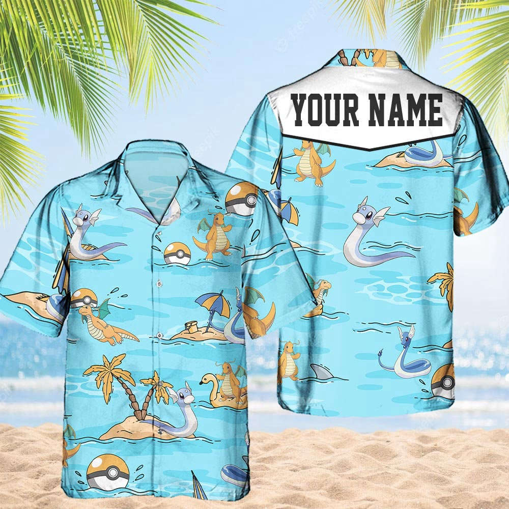 Custom Pokemon Dratini Hawaiian Pattern Hawaii Shirt Aloha Anime Dragonair Button Up Shirt  Gifts For Pokemon Ball Fans