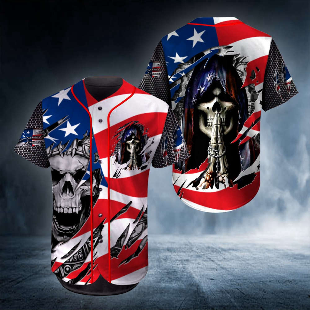 King Pray USA Flag Skull Baseball Jersey: Unique  Stylish & Patriotic Apparel