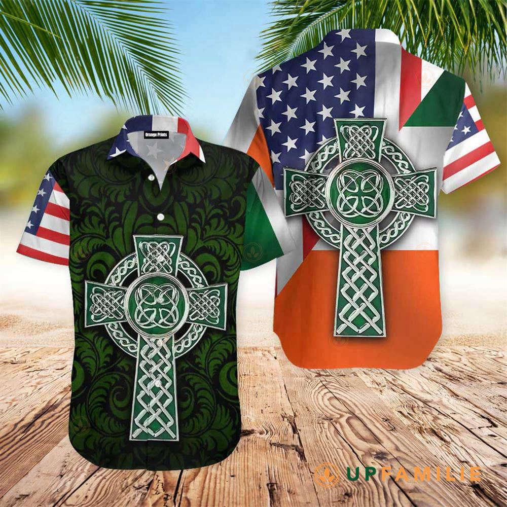 American Flag American Irish Flag With Celtic Cross St Patrick Day Cool Hawaiian Shirt