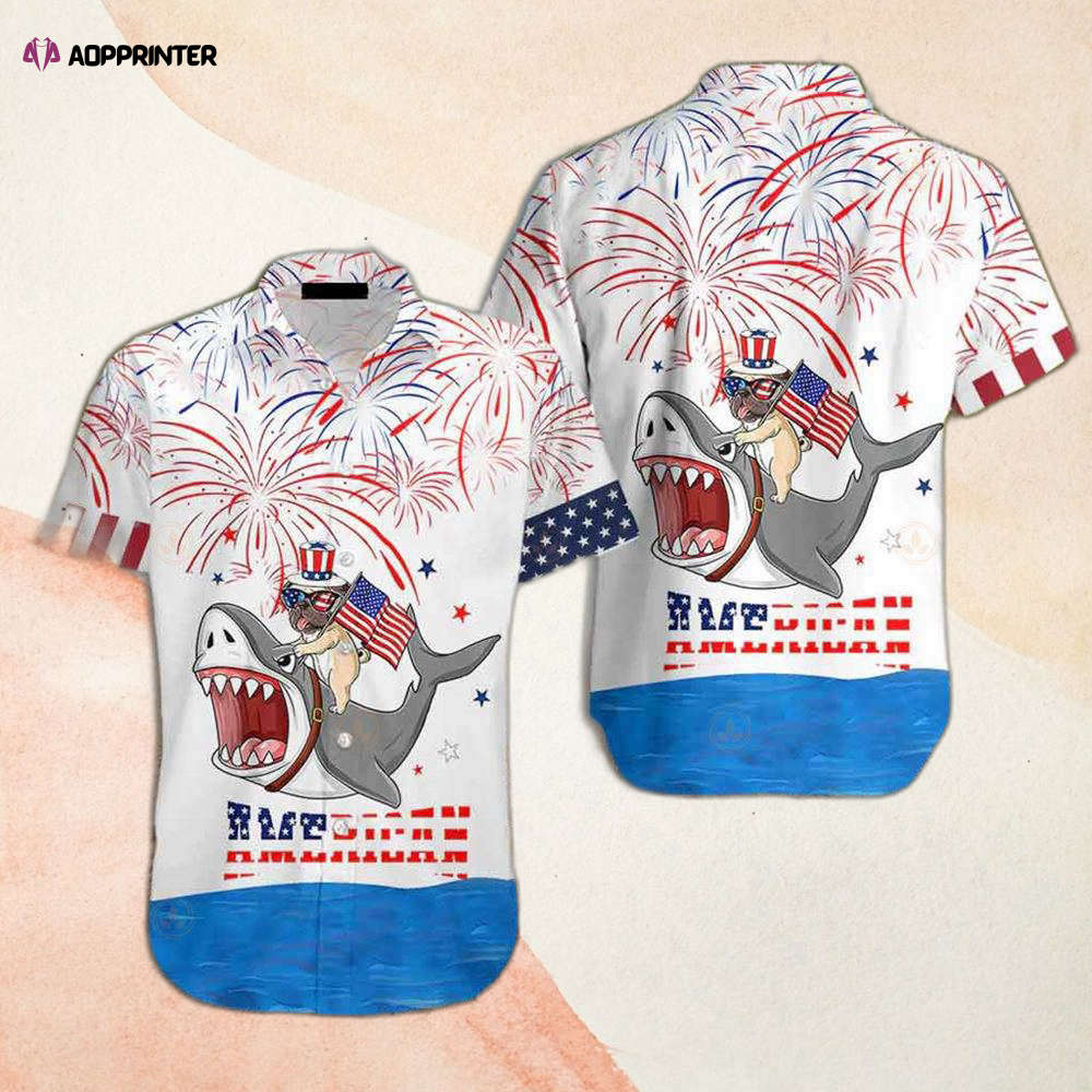 American Flag Puppy Riding Shark With American Flag Firework Independent Hawaiian Shirt Gift