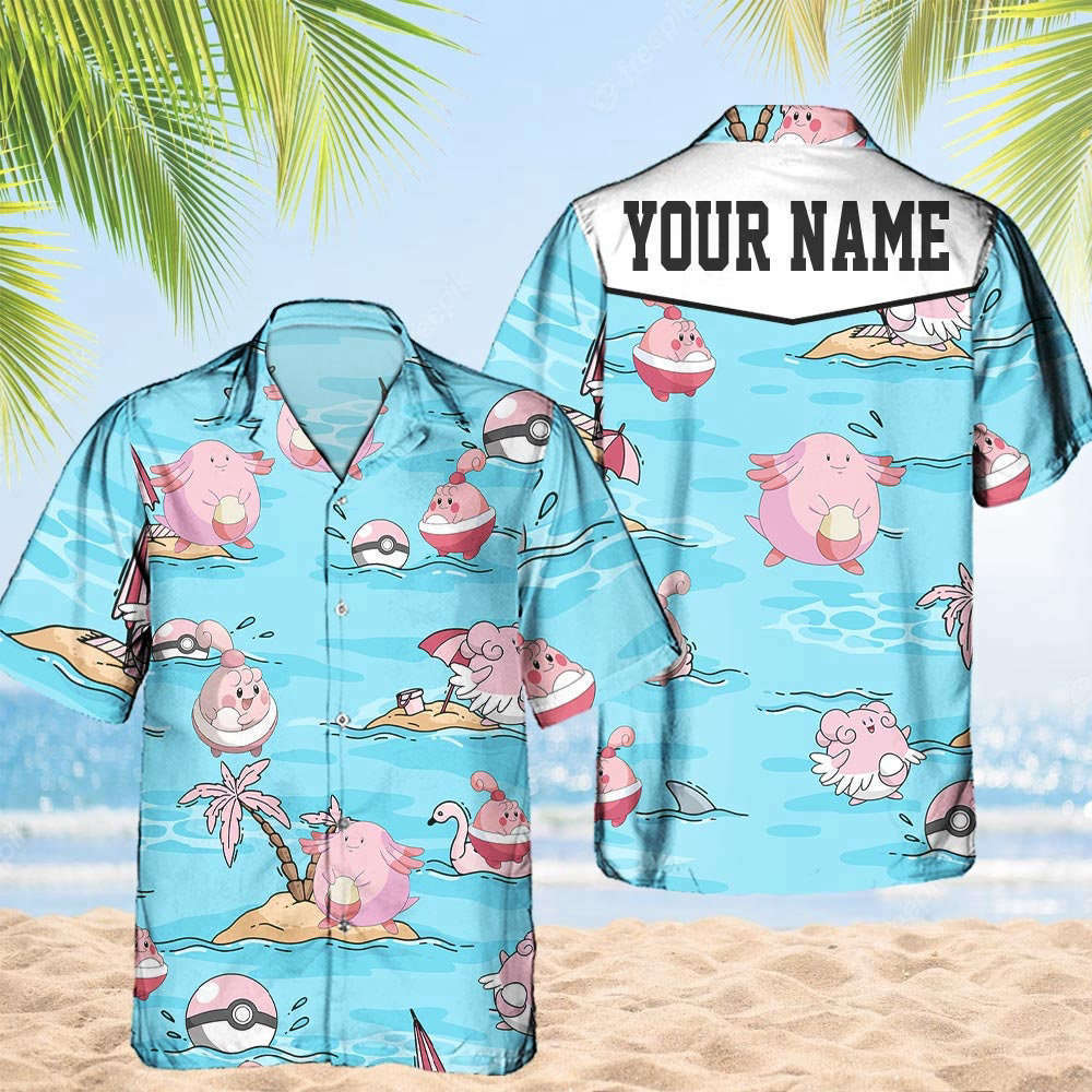 Custom Pokemon Happiny Hawaiian Pattern Hawaii Shirt Aloha Anime Chansey Button Up Shirt  Gifts For Pokemon Ball Fans