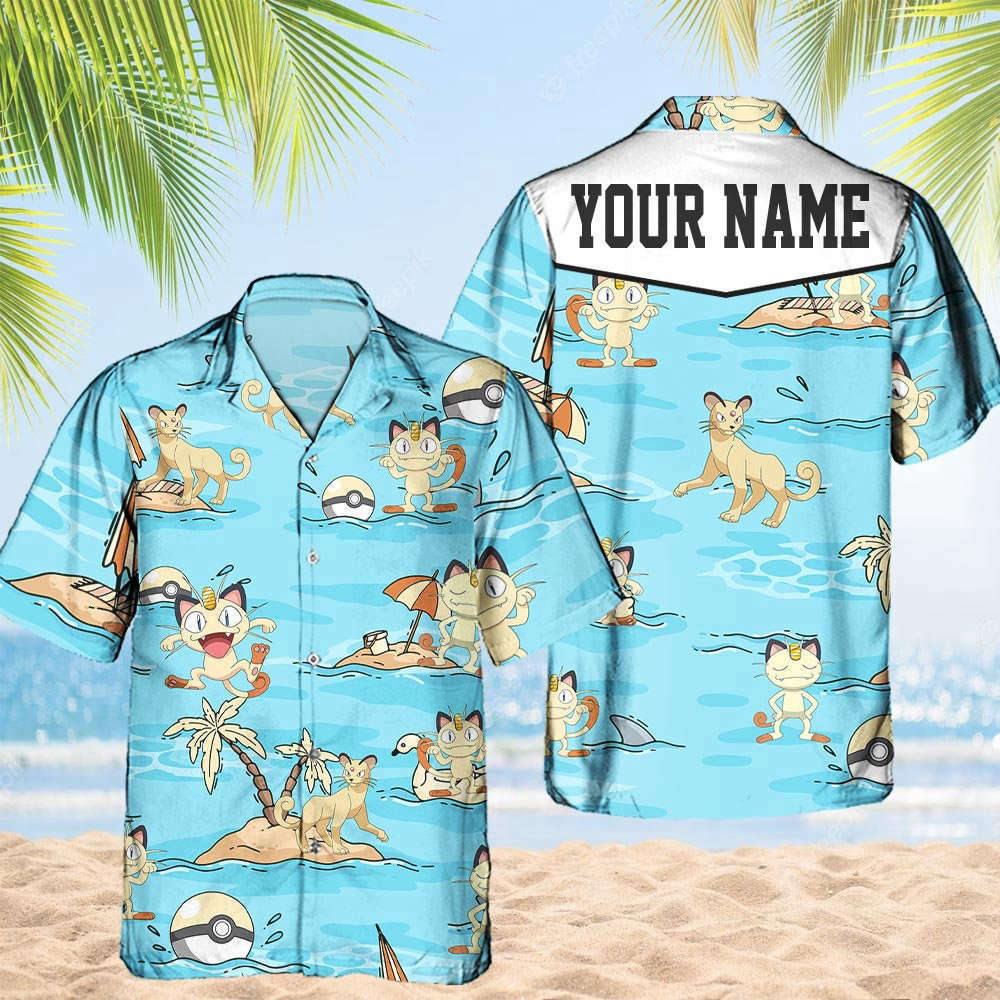 Custom Pokemon Meowth Hawaiian Pattern Hawaii Shirt Aloha Anime Persian Button Up Shirt  Gifts For Pokemon Ball Fans