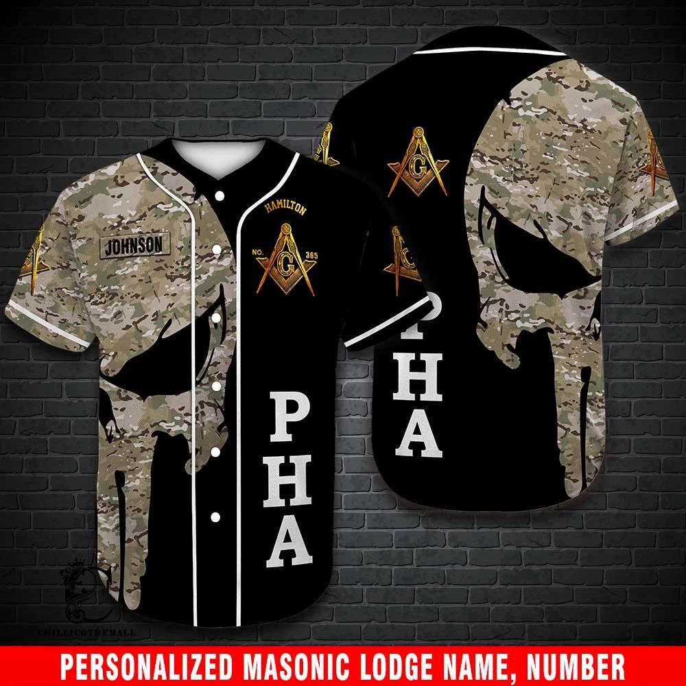 Customizable Freemason Baseball Jersey with Pha Skull Camo Design
