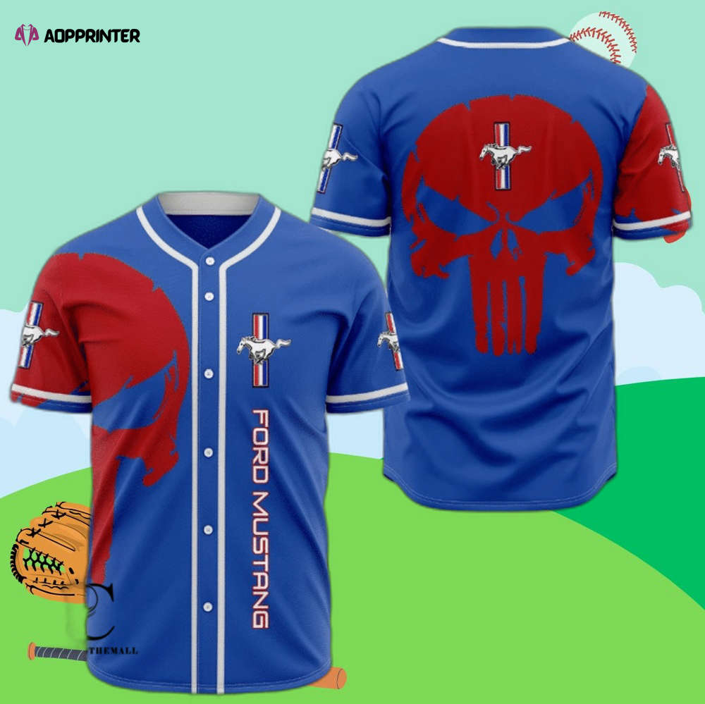 Eye-Catching Mustang Skull Red Blue Baseball Jersey – Printed Design for a Striking Look,