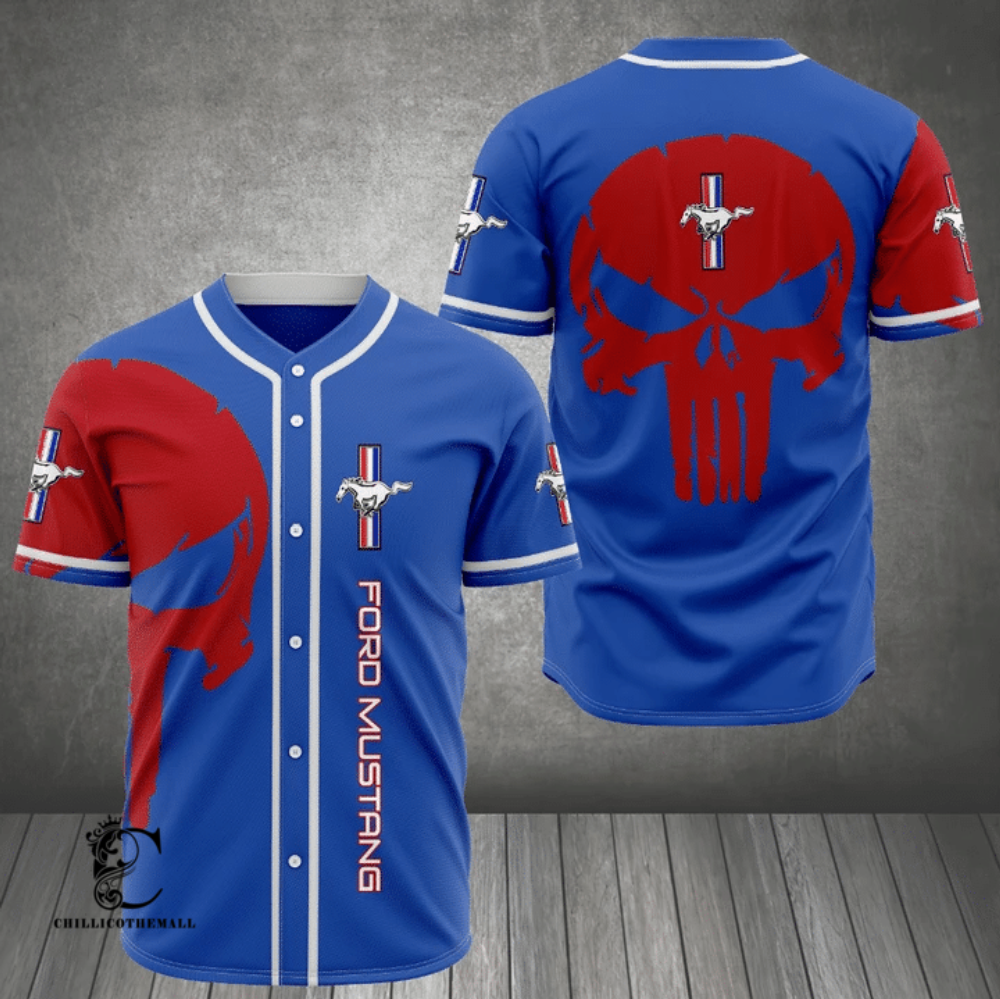 Eye-Catching Mustang Skull Red Blue Baseball Jersey – Printed Design for a Striking Look,