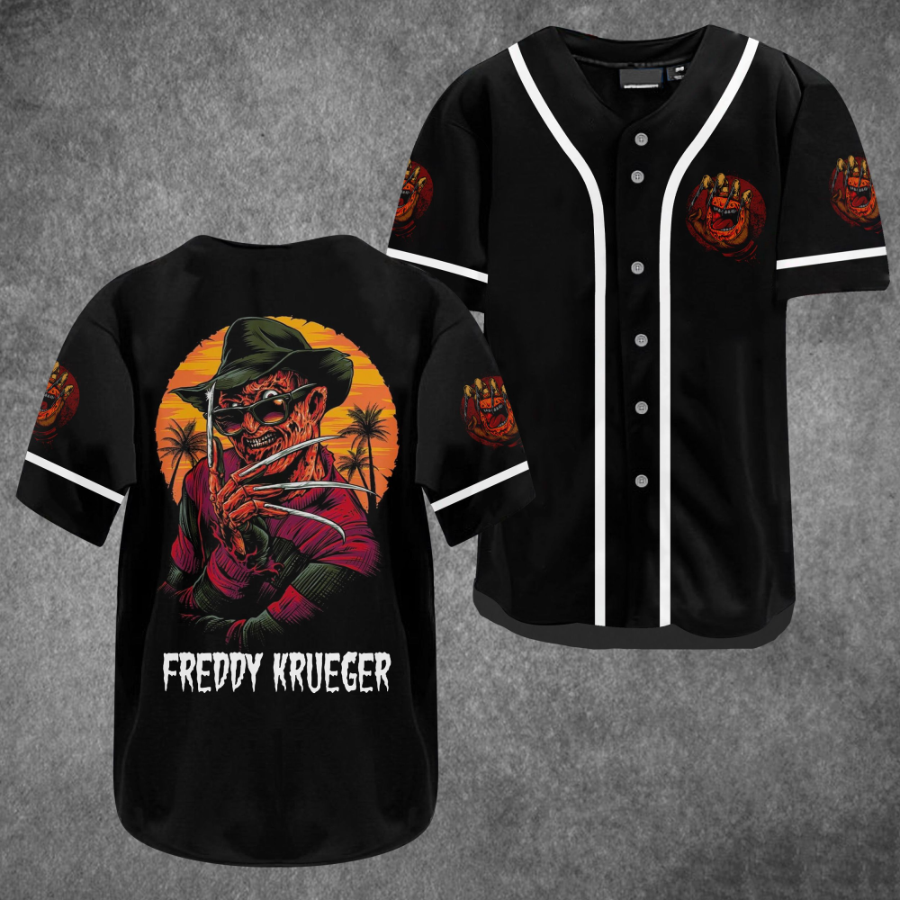 Freddy Krueger White Piping Baseball Jersey: Sleek & Stylish Horror-Inspired Apparel!