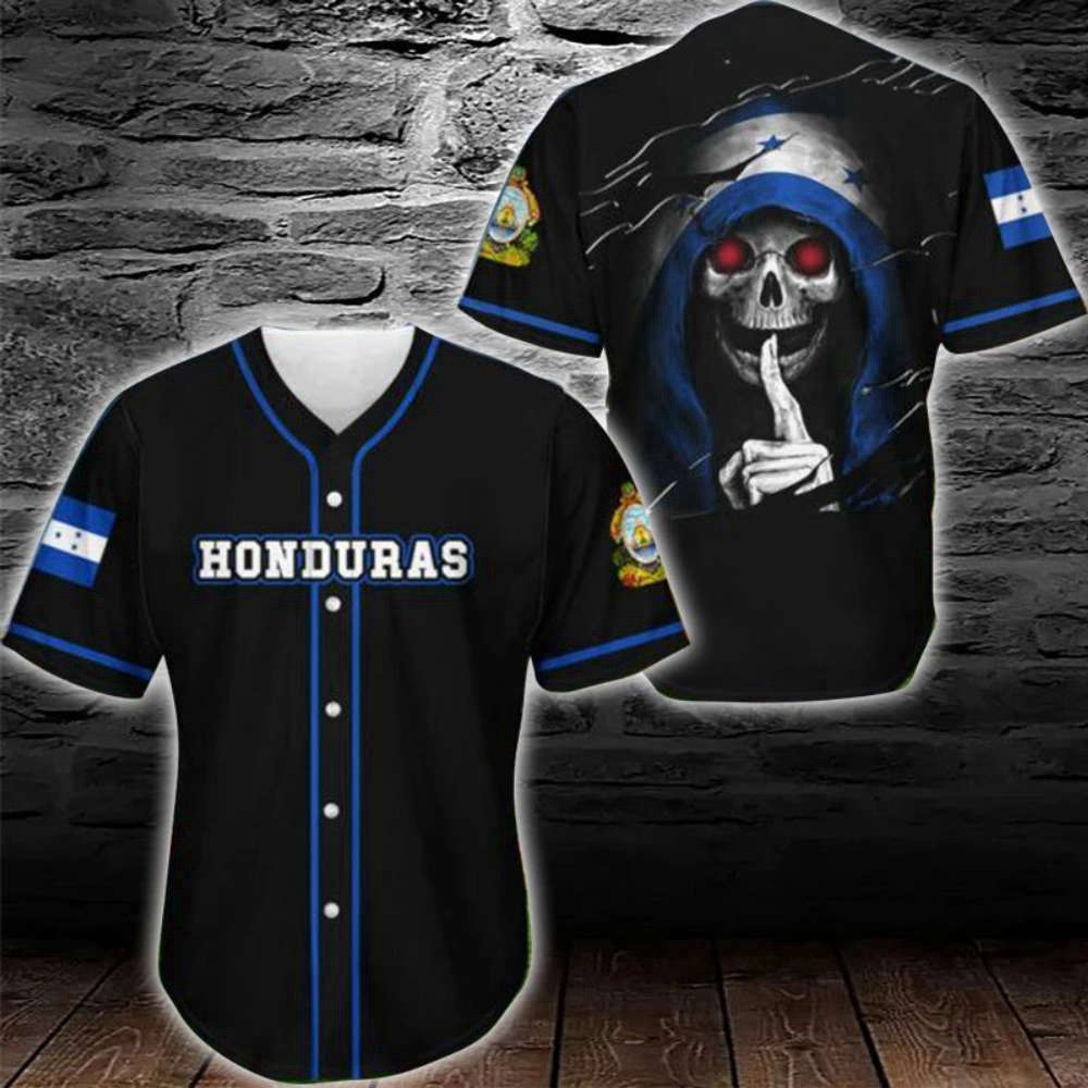 Honduras Skull Black Blue Baseball Jersey: Stylish & Bold Athletic Apparel