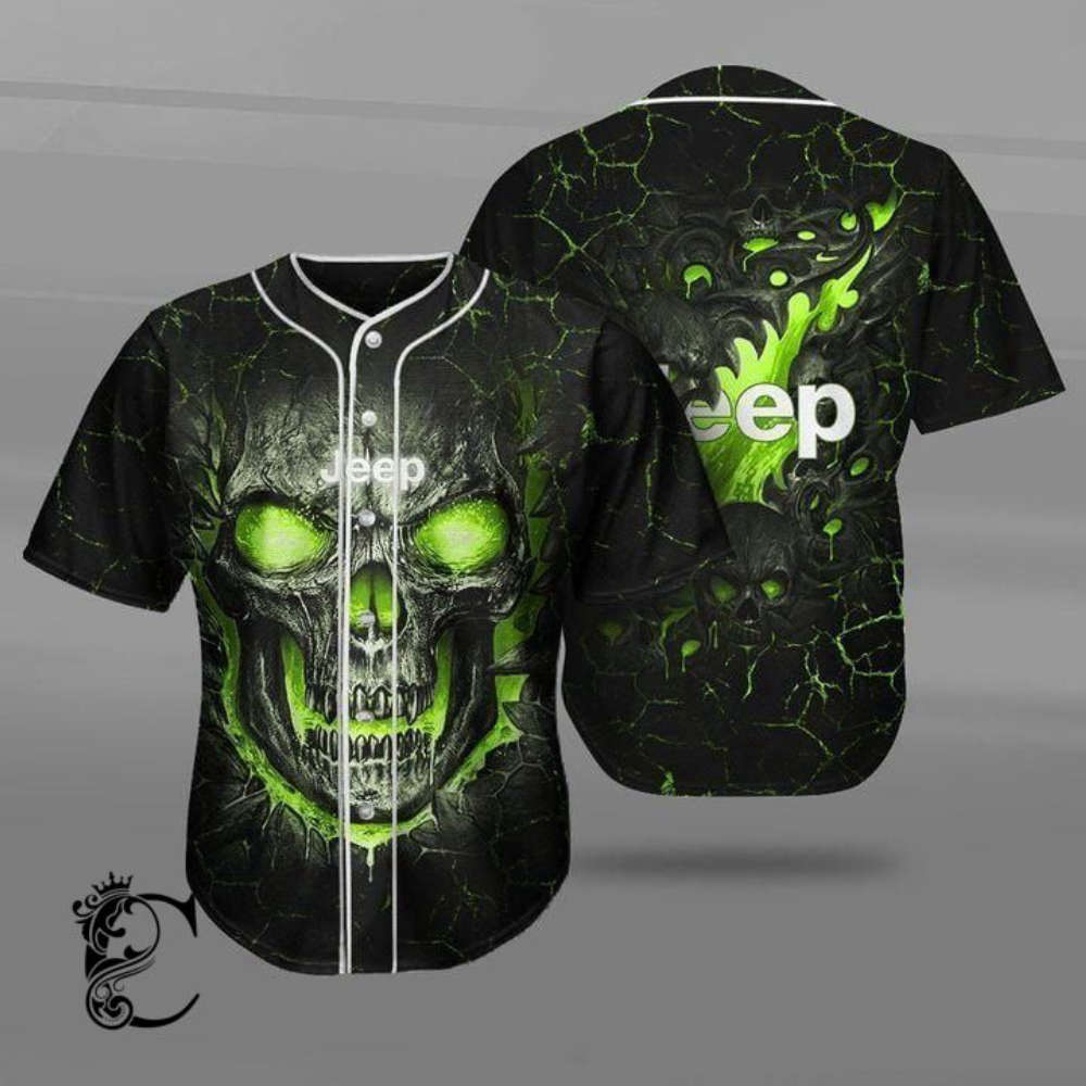 Jeep Skull Green Black Printed Baseball Jersey – Stylish and Durable Gear for Adventure Enthusiasts,