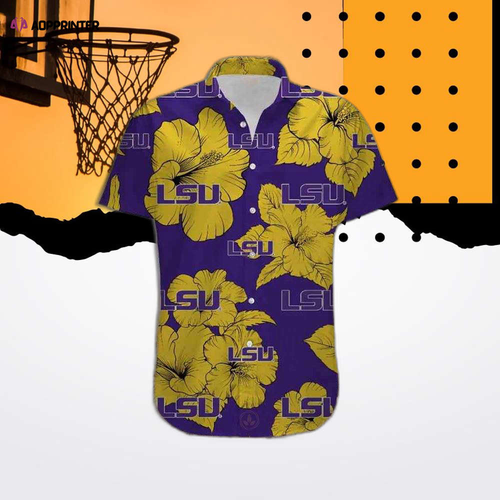 LSU Hawaiian Shirt: Tropical Hibiscus Flower Design – Perfect for Game Day!