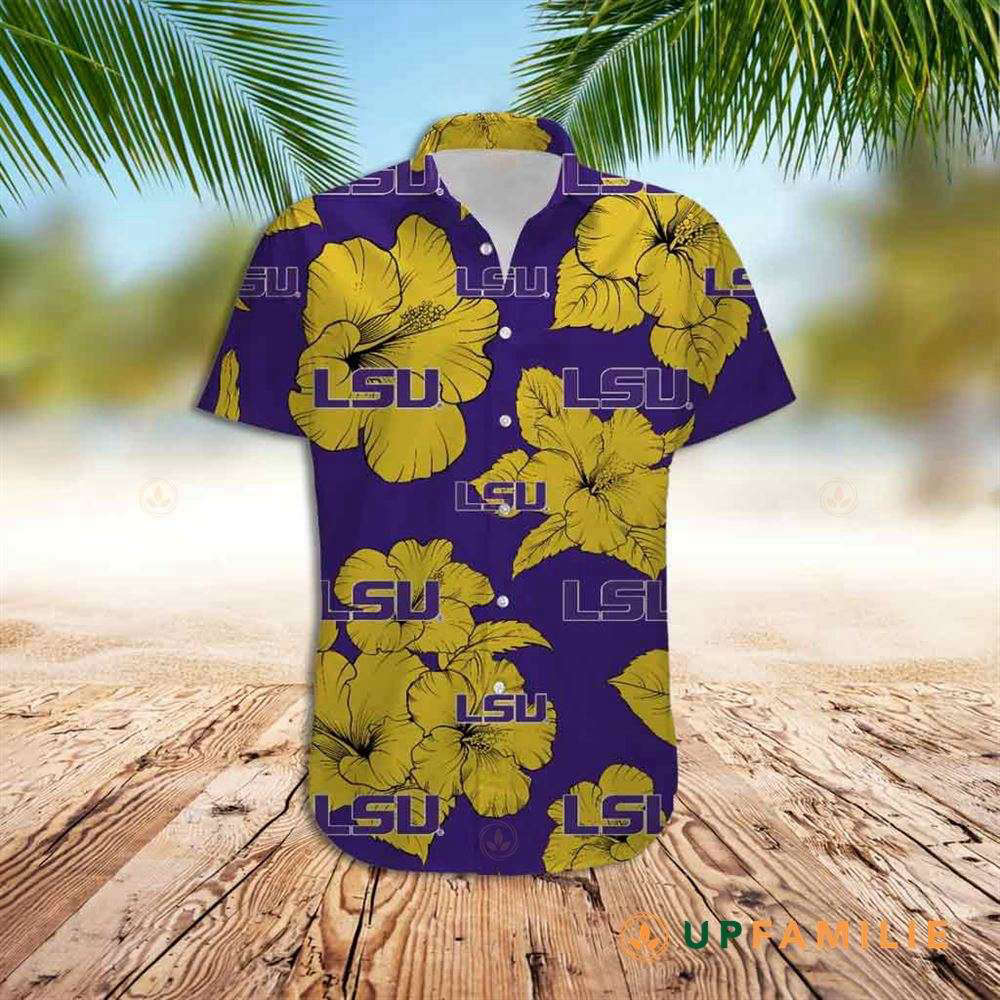 LSU Hawaiian Shirt: Tropical Hibiscus Flower Design – Perfect for Game Day!