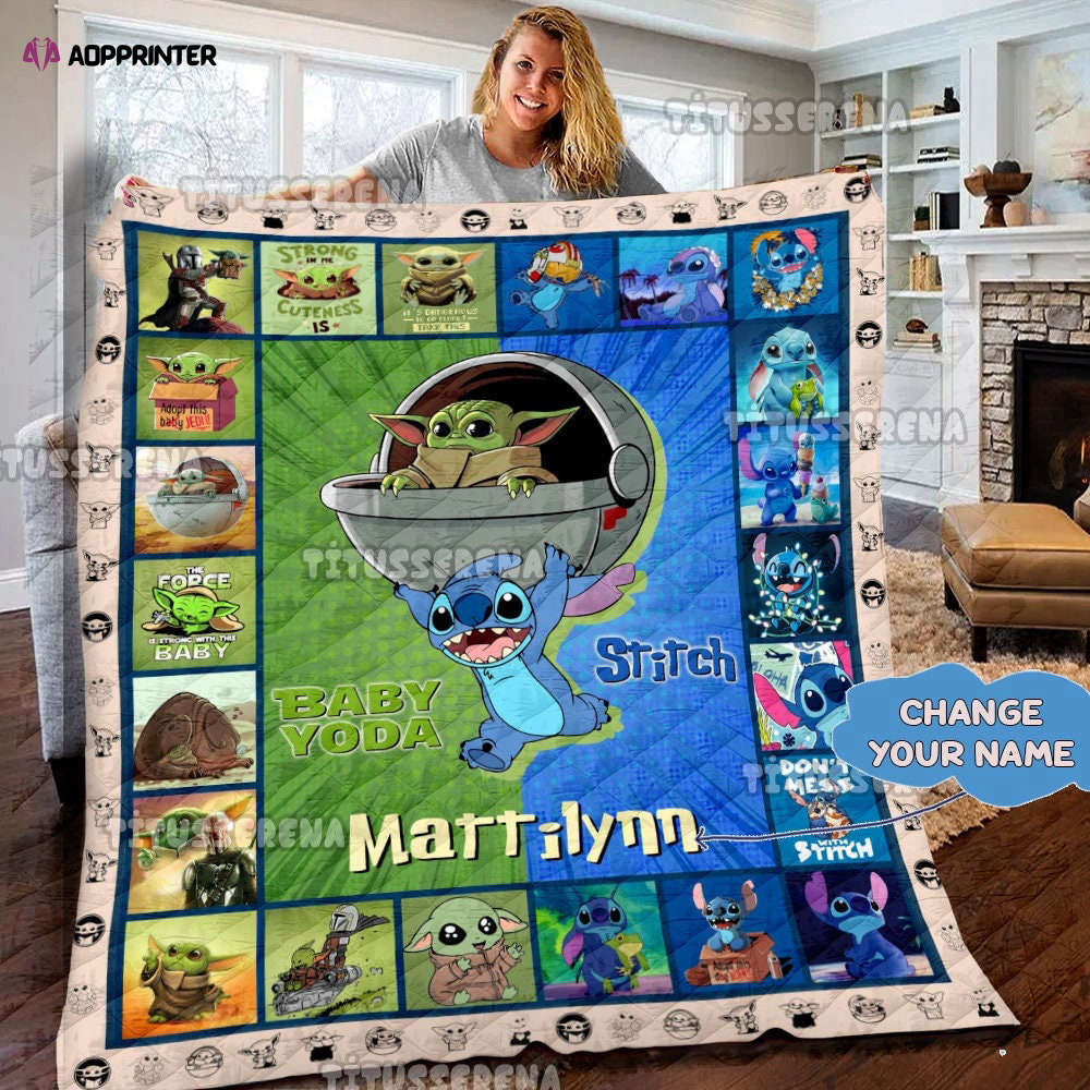Personalized Stitch Baby Yoda Grogu quilt Blanket, Stitch Yoda Blanket | Star Wars Baby Yoda Baby Yoda Christmas Gifts
