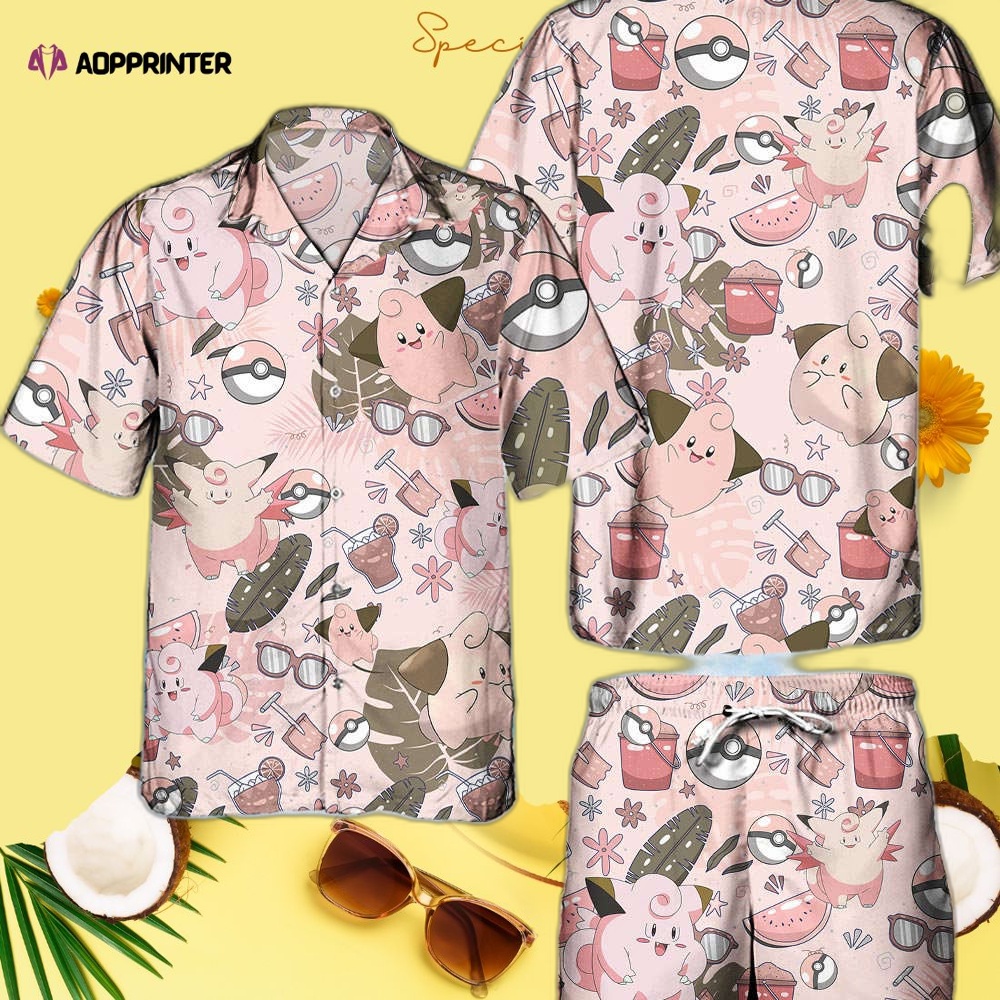 Pokemon Cleffa Hawaiian Hawaii Shirt Aloha Anime Clefable Nurse Button Up Shirt Matching Pokemon Ball Fans