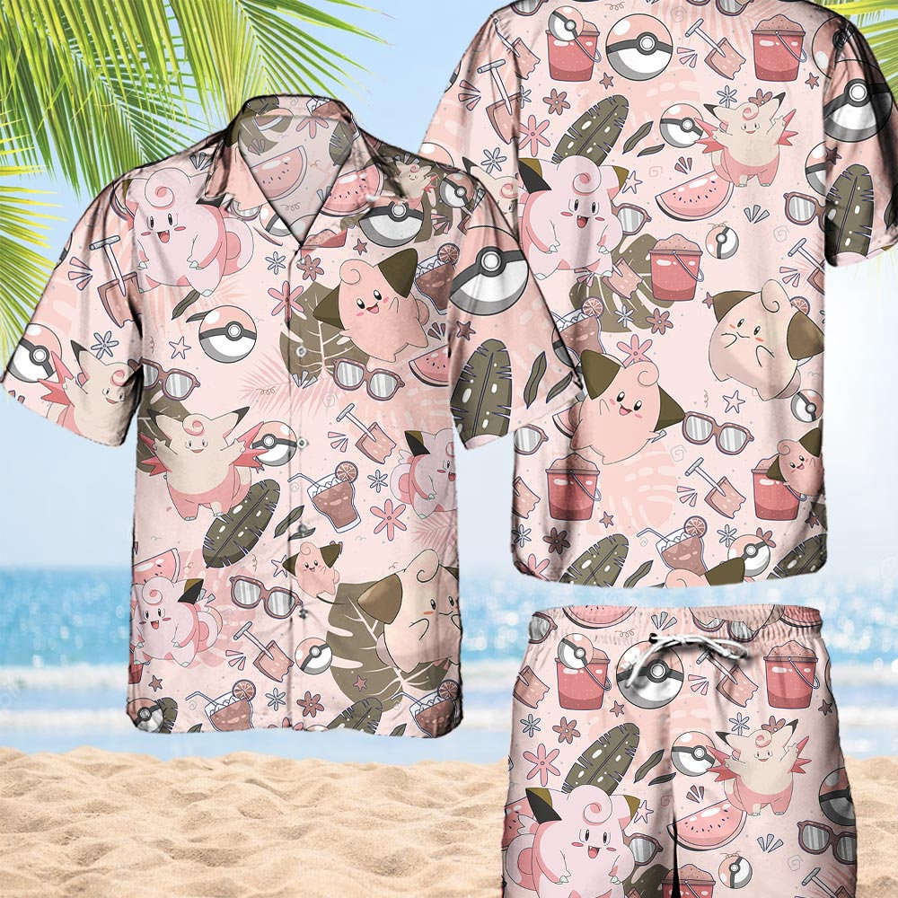 Pokemon Cleffa Hawaiian Hawaii Shirt Aloha Anime Clefable Nurse Button Up Shirt Matching Pokemon Ball Fans