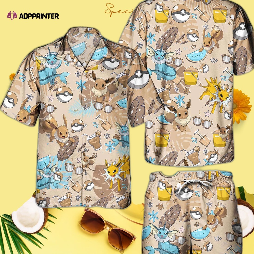 Pokemon Eevee Hawaiian Hawaii Shirt Aloha Anime Vaporeon Button Up Shirt Matching Pokemon Ball Fans