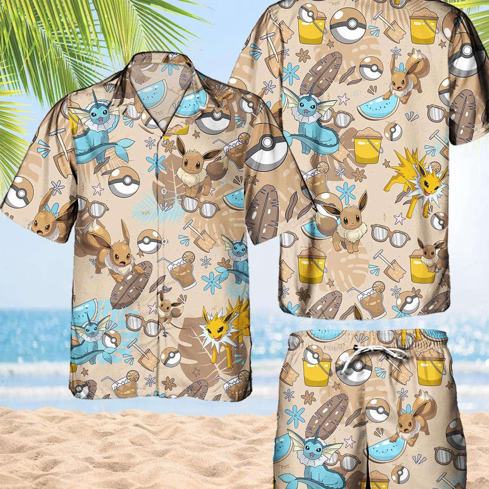 Pokemon Eevee Hawaiian Hawaii Shirt Aloha Anime Vaporeon Button Up Shirt Matching Pokemon Ball Fans