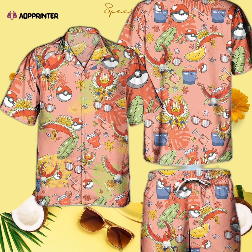 Pokemon Ho-oh Hawaiian Hawaii Shirt Aloha Anime Ho-oh Button Up Shirt Matching Pokemon Ball Fans