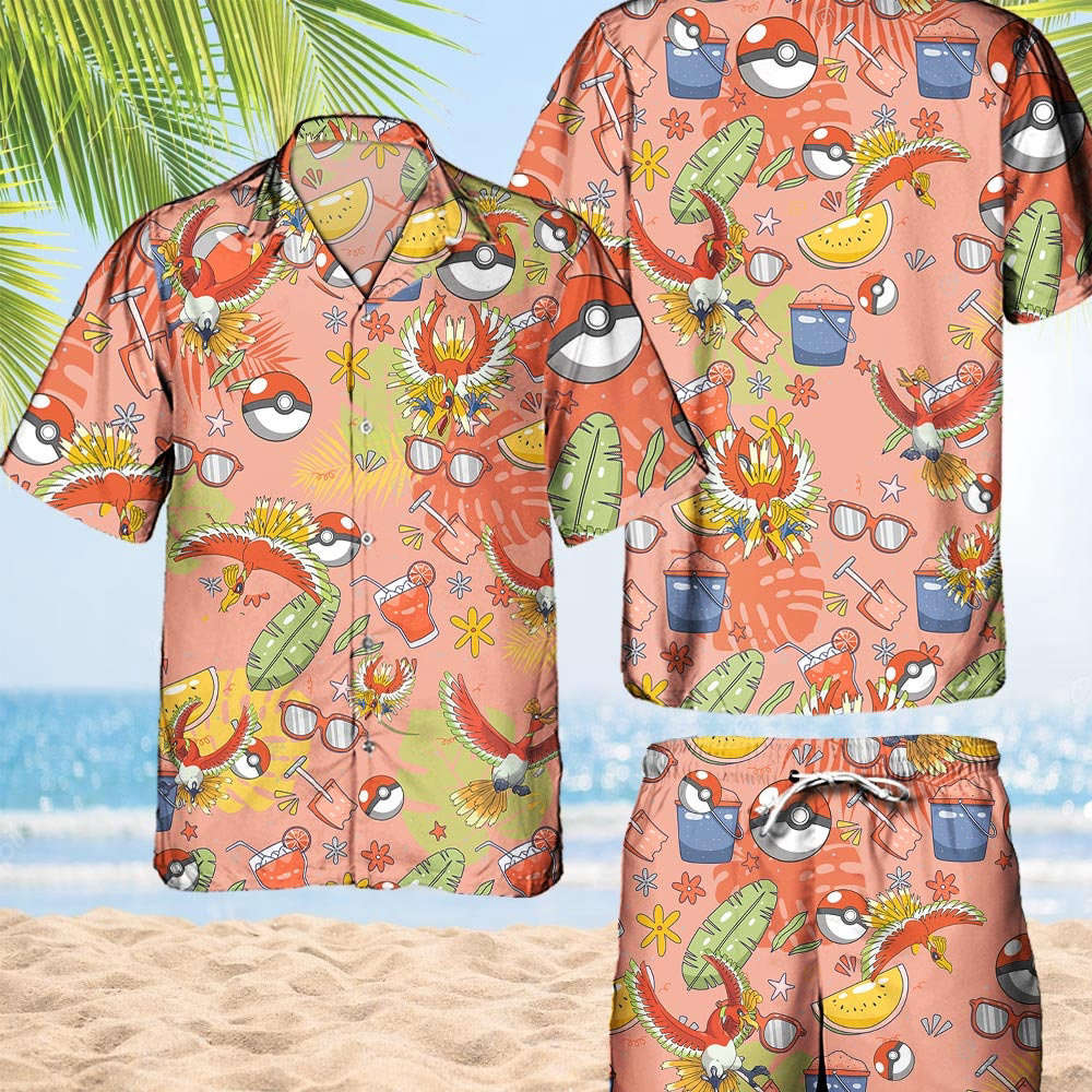 Pokemon Ho-oh Hawaiian Hawaii Shirt Aloha Anime Ho-oh Button Up Shirt Matching Pokemon Ball Fans