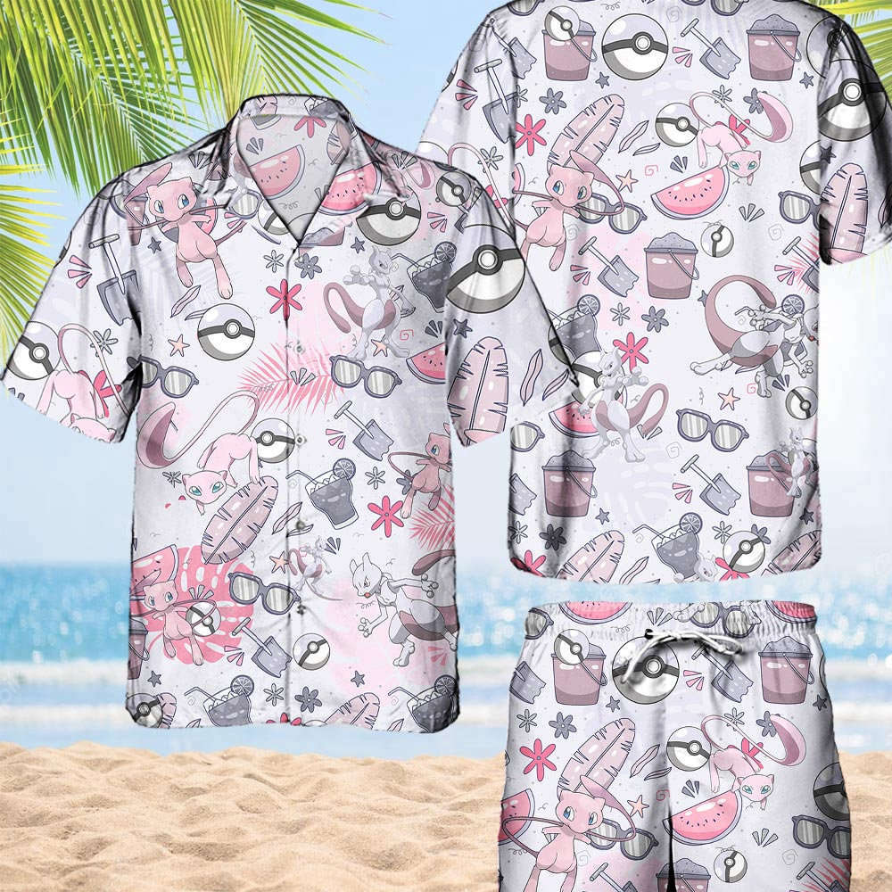 Pokemon Mewtwo Hawaiian Hawaii Shirt Aloha Anime Mew Button Up Shirt Matching Pokemon Ball Fans