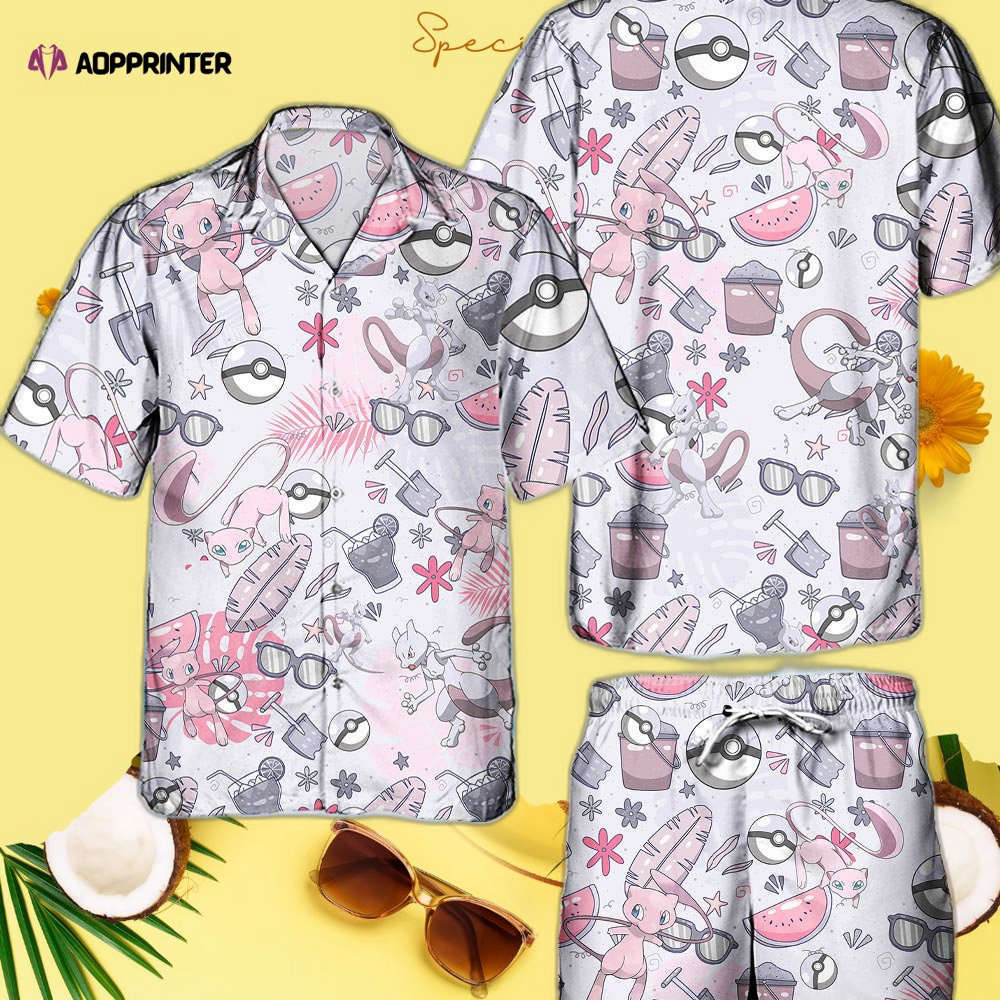 Pokemon Mewtwo Hawaiian Hawaii Shirt Aloha Anime Mew Button Up Shirt Matching Pokemon Ball Fans