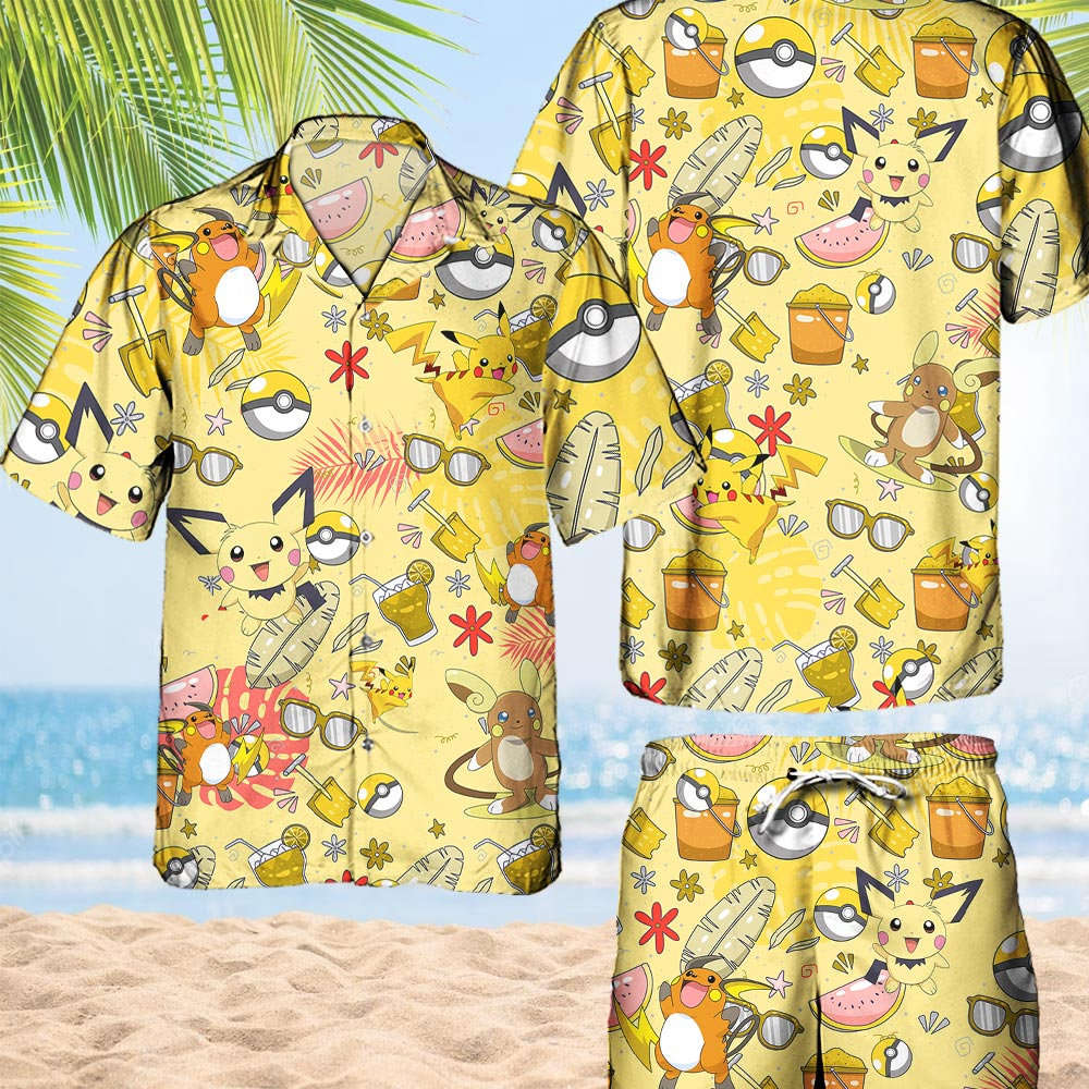 Pokemon Pikachu Hawaiian Hawaii Shirt Aloha Anime Raichu Button Up Shirt Matching Pokemon Ball Fans