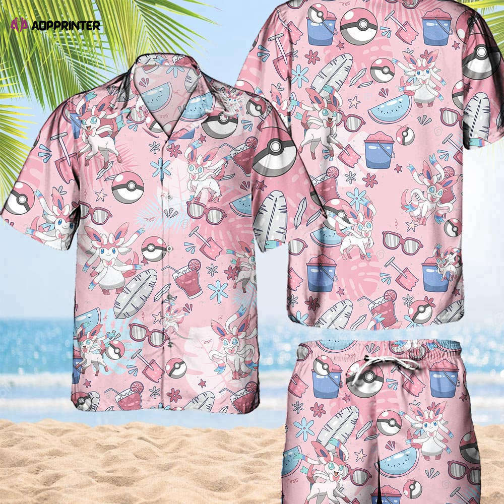 Pokemon Sylveon Hawaiian Hawaii Shirt Aloha Anime Sylveon Button Up Shirt Matching Pokemon Ball Fans