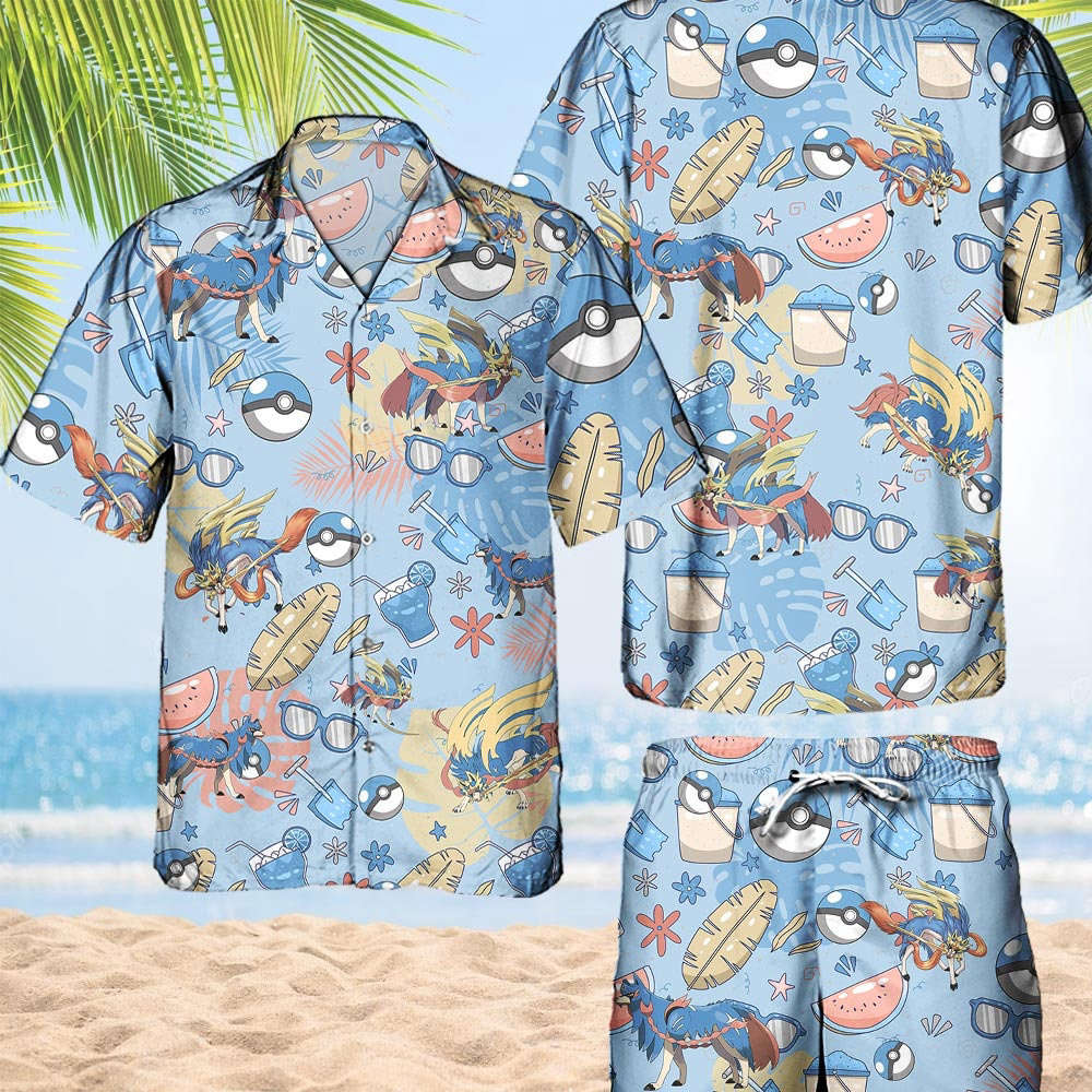 Pokemon Zacian Hawaiian Hawaii Shirt Aloha Anime Zacian Button Up Shirt Matching Pokemon Ball Fans