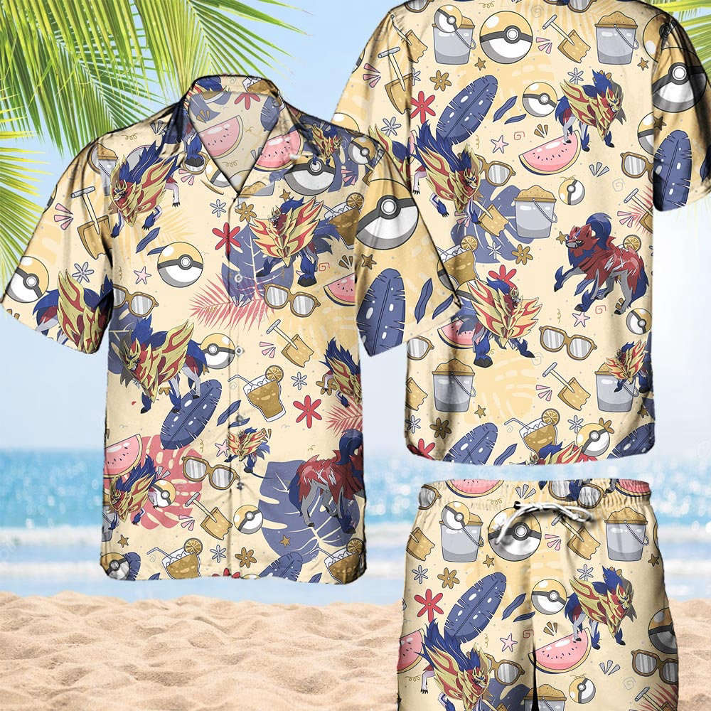 Pokemon Zamazenta Hawaiian Hawaii Shirt Aloha Anime Zamazenta Button Up Shirt Matching Pokemon Ball Fans