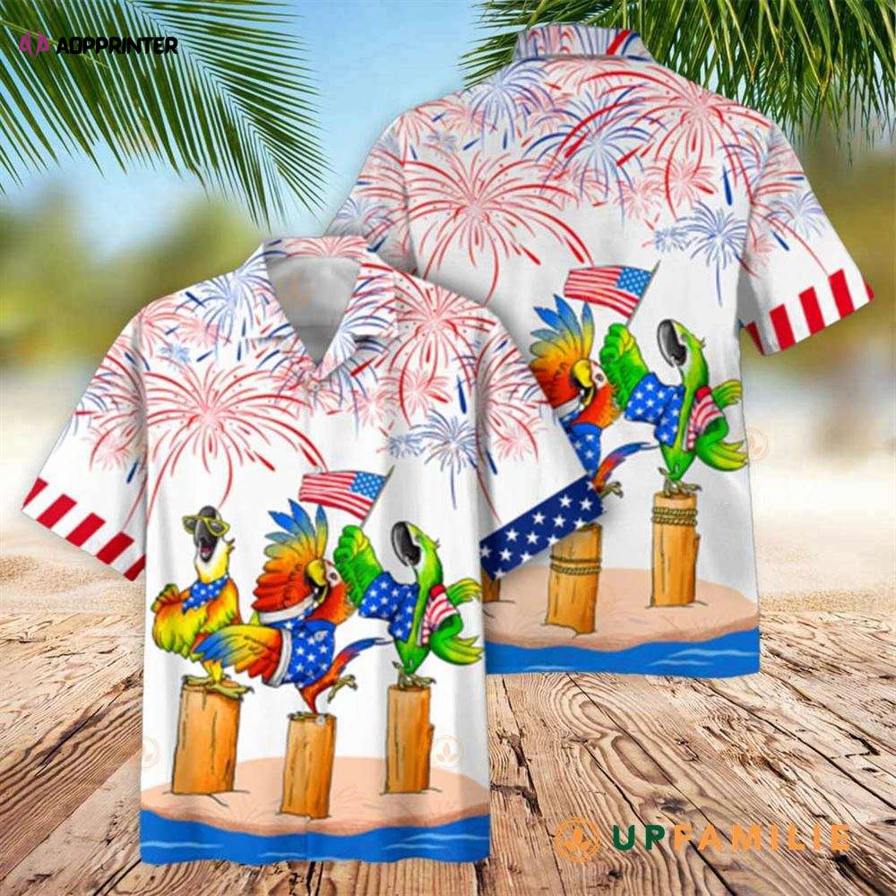 Red White And Blue Parrot Firework Independence Day Hawaiian Shirt