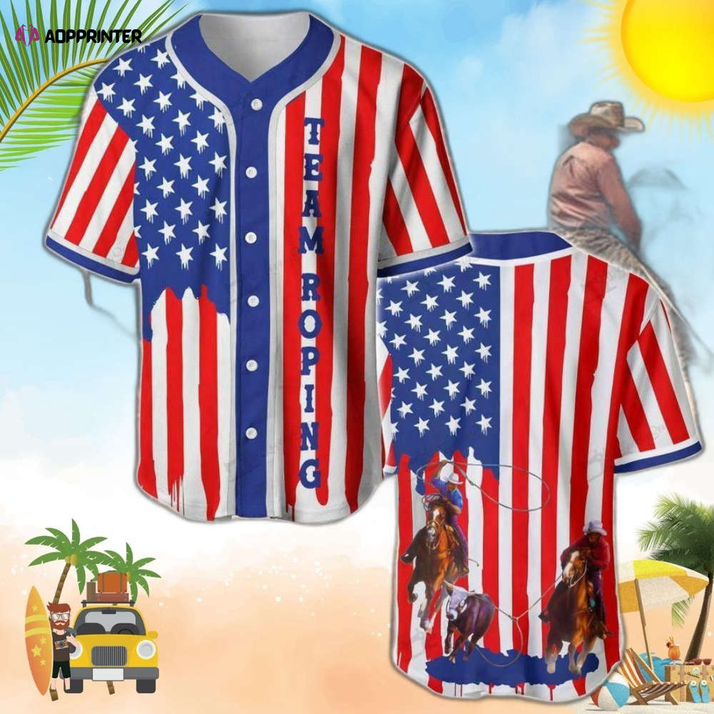 Show Your Patriotism with Team Roping US Flag Stripes Baseball Jersey